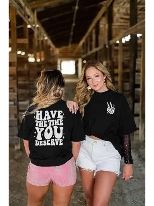 Kadın Bisiklet Yaka Kısa Kol Baskılı T-shirt - Siyah Kadın Bisiklet Yaka Kısa Kol Baskılı T-shirt - Siyah