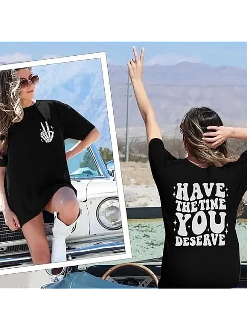 Kadın Bisiklet Yaka Kısa Kol Baskılı T-shirt - Siyah