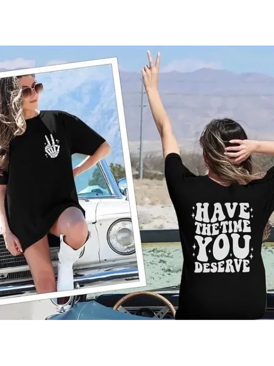 Kadın Bisiklet Yaka Kısa Kol Baskılı T-shirt - Siyah