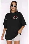 Kadın Bisiklet Yaka Kısa Kol Baskılı T-shirt - Siyah