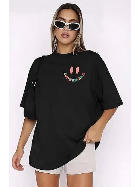Kadın Bisiklet Yaka Kısa Kol Baskılı T-shirt - Siyah