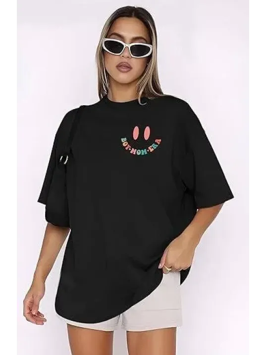 Kadın Bisiklet Yaka Kısa Kol Baskılı T-shirt - Siyah