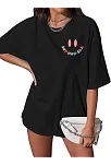 Kadın Bisiklet Yaka Kısa Kol Baskılı T-shirt - Siyah
