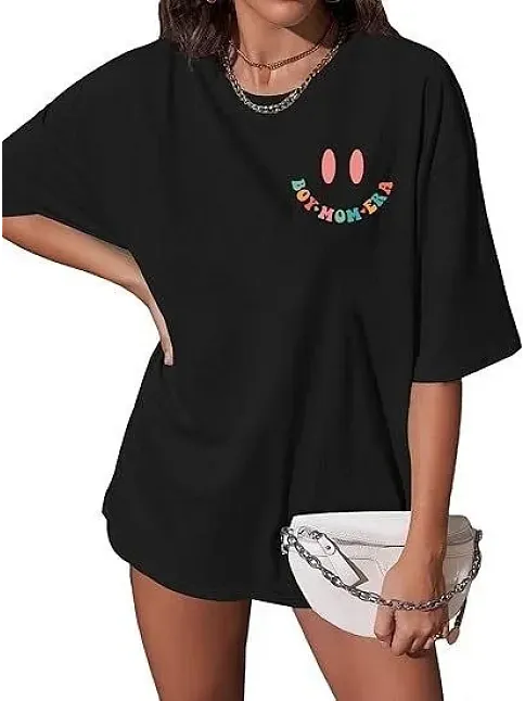 Kadın Bisiklet Yaka Kısa Kol Baskılı T-shirt - Siyah