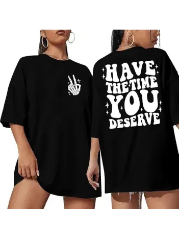 Kadın Bisiklet Yaka Kısa Kol Baskılı T-shirt - Siyah