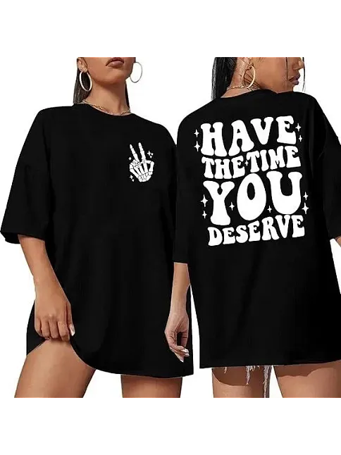 Kadın Bisiklet Yaka Kısa Kol Baskılı T-shirt - Siyah