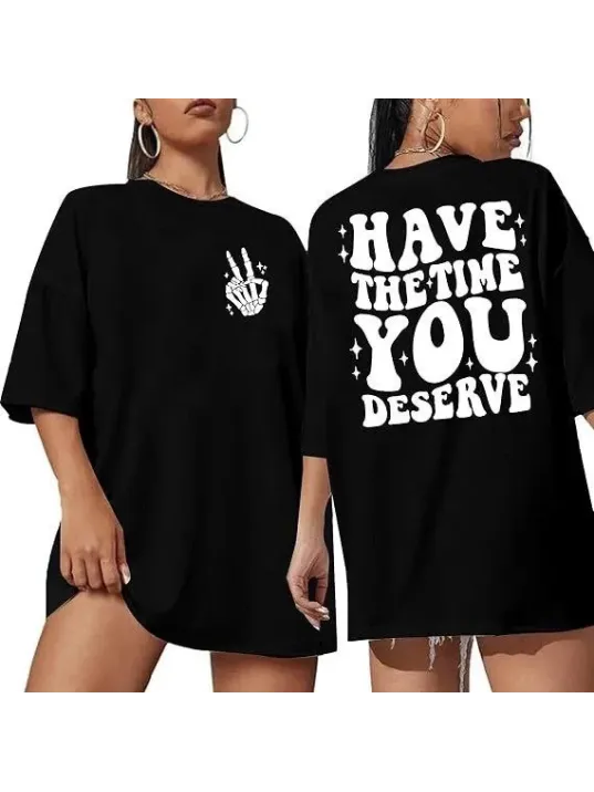 Kadın Bisiklet Yaka Kısa Kol Baskılı T-shirt - Siyah