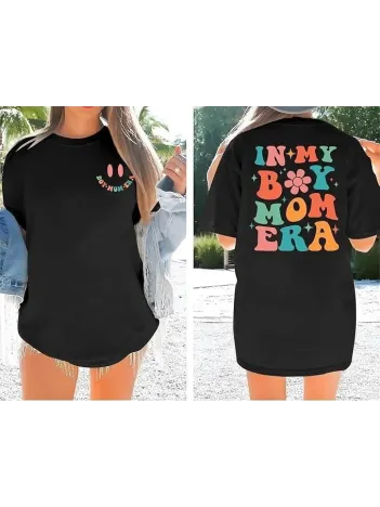 Kadın Bisiklet Yaka Kısa Kol Baskılı T-shirt - Siyah Kadın Bisiklet Yaka Kısa Kol Baskılı T-shirt - Siyah