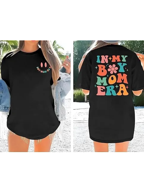 Kadın Bisiklet Yaka Kısa Kol Baskılı T-shirt - Siyah