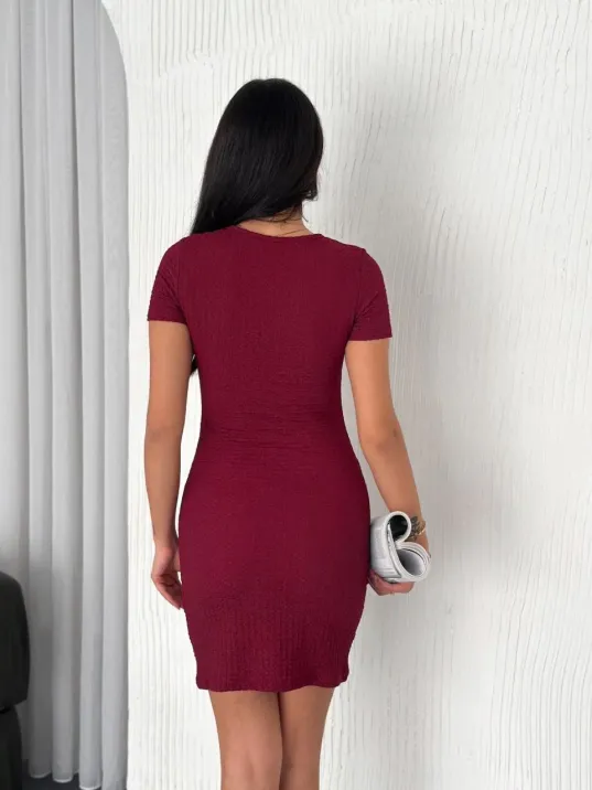 Kadın Bisiklet Yaka Kısa Kol Likralı Elbise - Bordo