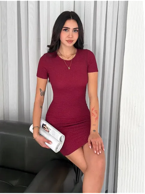 Kadın Bisiklet Yaka Kısa Kol Likralı Elbise - Bordo
