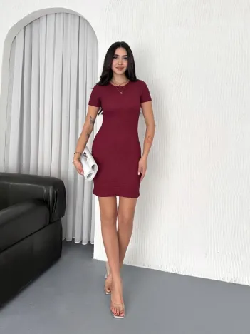 Kadın Bisiklet Yaka Kısa Kol Likralı Elbise - Bordo Kadın Bisiklet Yaka Kısa Kol Likralı Elbise - Bordo