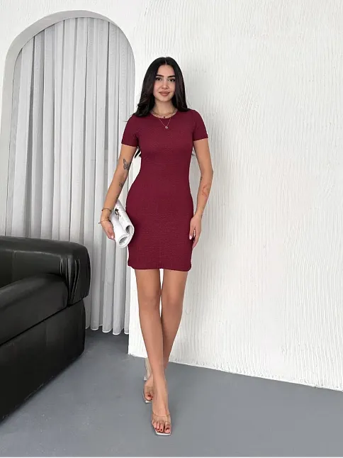 Kadın Bisiklet Yaka Kısa Kol Likralı Elbise - Bordo