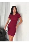 Kadın Bisiklet Yaka Kısa Kol Likralı Elbise - Bordo