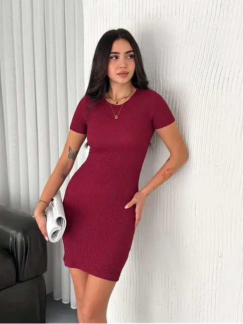 Kadın Bisiklet Yaka Kısa Kol Likralı Elbise - Bordo