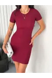 Kadın Bisiklet Yaka Kısa Kol Likralı Elbise - Bordo