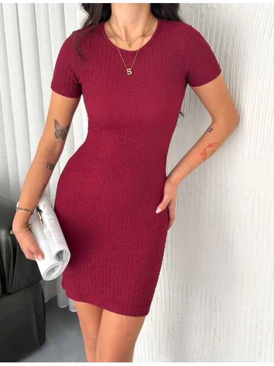 Kadın Bisiklet Yaka Kısa Kol Likralı Elbise - Bordo