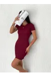 Kadın Bisiklet Yaka Kısa Kol Likralı Elbise - Bordo