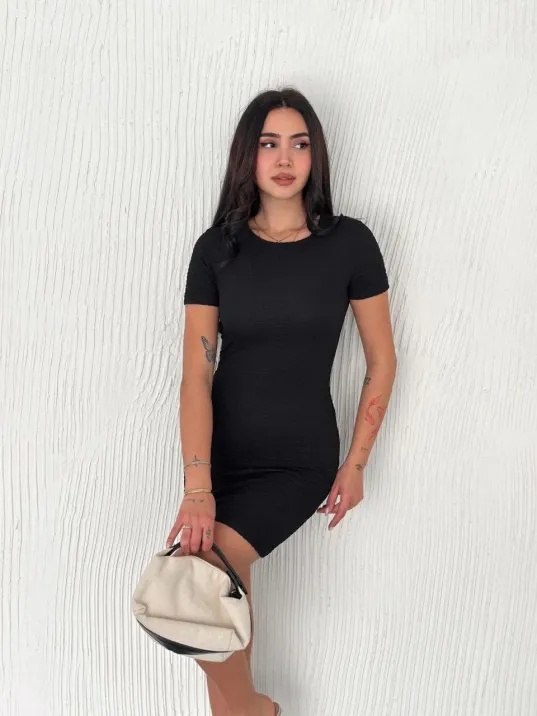 Kadın Bisiklet Yaka Kısa Kol Likralı Elbise - Siyah