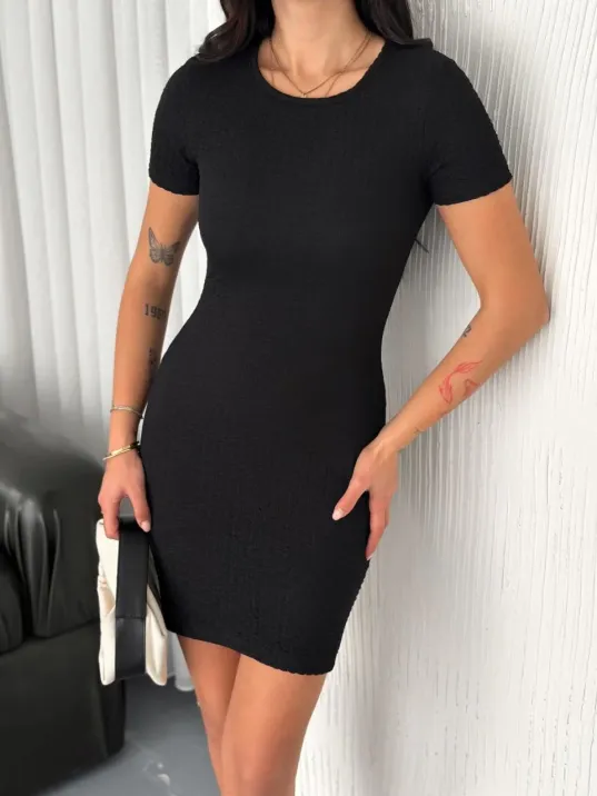 Kadın Bisiklet Yaka Kısa Kol Likralı Elbise - Siyah