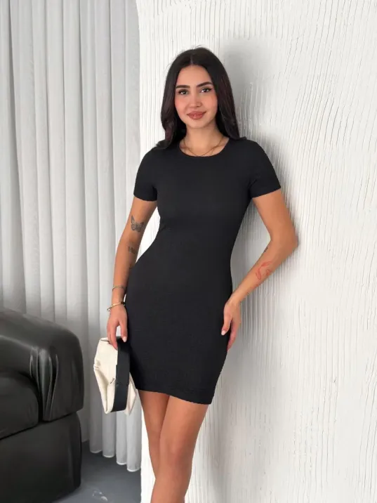 Kadın Bisiklet Yaka Kısa Kol Likralı Elbise - Siyah