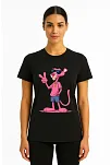 Kadın Bisiklet Yaka Kısa Kollu Baskılı T-shirt - Siyah