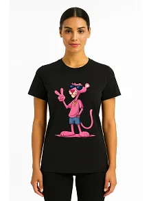 Kadın Bisiklet Yaka Kısa Kollu Baskılı T-shirt - Siyah