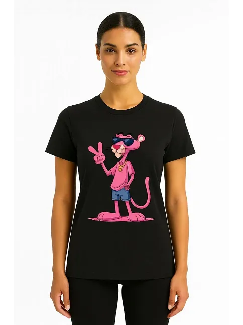 Kadın Bisiklet Yaka Kısa Kollu Baskılı T-shirt - Siyah