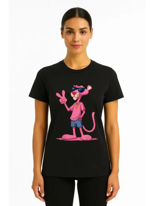 Kadın Bisiklet Yaka Kısa Kollu Baskılı T-shirt - Siyah