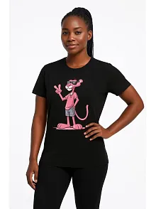 Kadın Bisiklet Yaka Kısa Kollu Baskılı T-shirt - Siyah