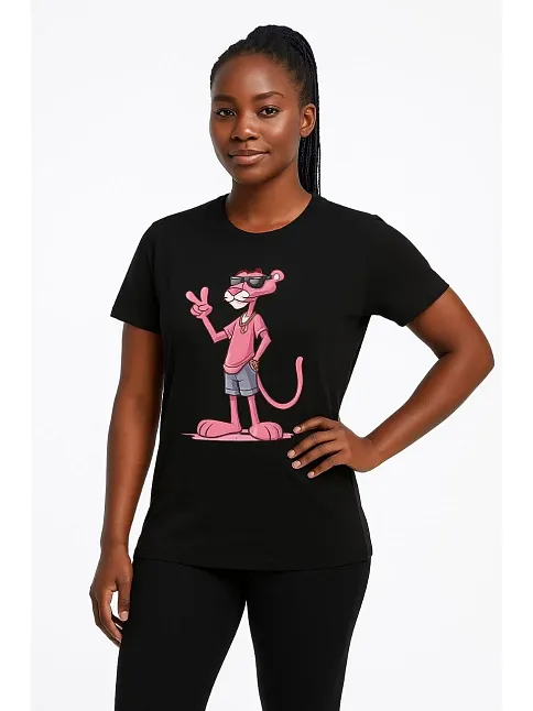 Kadın Bisiklet Yaka Kısa Kollu Baskılı T-shirt - Siyah