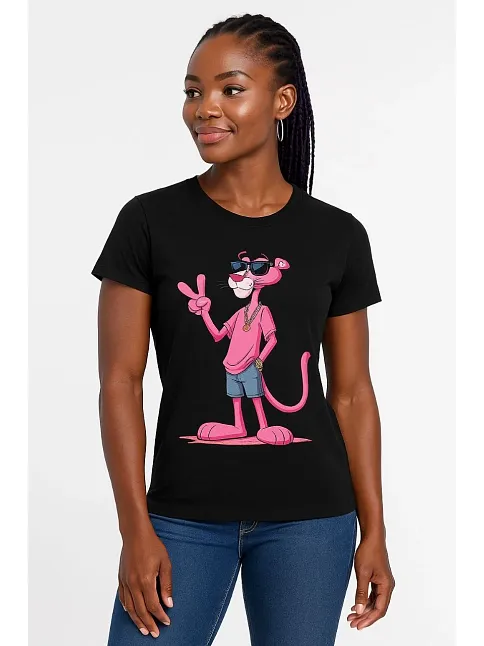Kadın Bisiklet Yaka Kısa Kollu Baskılı T-shirt - Siyah
