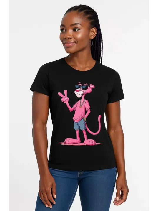 Kadın Bisiklet Yaka Kısa Kollu Baskılı T-shirt - Siyah