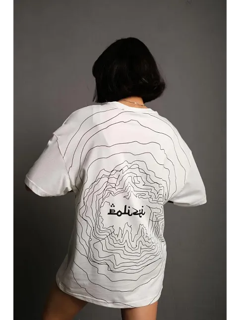 Kadın Bisiklet Yakalı Sırt Baskılı Oversize T-shirt - Beyaz