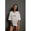Kadın Bisiklet Yakalı Sırt Baskılı Oversize T-Shirt - Beyaz