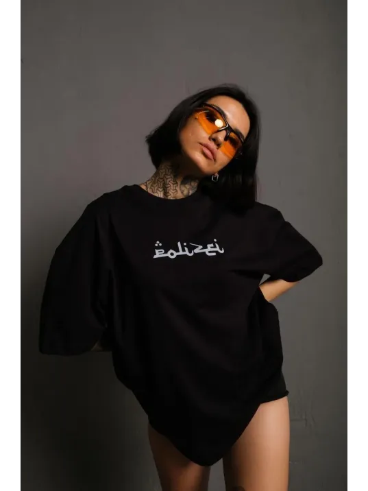 Kadın Bisiklet Yakalı Sırt Baskılı Oversize T-Shirt - Siyah