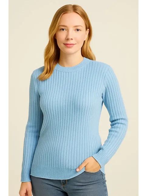 Kadın Bisiklet Yuvarlak Yaka Triko Kazak Pamuklu Kalın Fitilli Dokuma, Regular Fit Uzun Kollu Kışlık Model - Bebe Mavisi