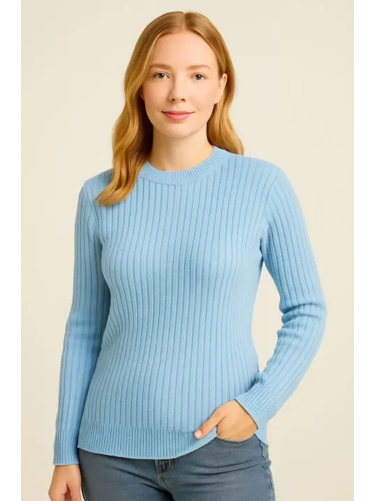 Kadın Bisiklet Yuvarlak Yaka Triko Kazak Pamuklu Kalın Fitilli Dokuma, Regular Fit Uzun Kollu Kışlık Model - Bebe Mavisi Kadın Bisiklet Yuvarlak Yaka Triko Kazak Pamuklu Kalın Fitilli Dokuma, Regular Fit Uzun Kollu Kışlık Model - Bebe Mavisi