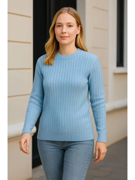 Kadın Bisiklet Yuvarlak Yaka Triko Kazak Pamuklu Kalın Fitilli Dokuma, Regular Fit Uzun Kollu Kışlık Model - Bebe Mavisi Kadın Bisiklet Yuvarlak Yaka Triko Kazak Pamuklu Kalın Fitilli Dokuma, Regular Fit Uzun Kollu Kışlık Model - Bebe Mavisi
