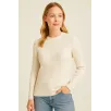 Kadın Bisiklet Yuvarlak Yaka Triko Kazak Pamuklu Kalın Fitilli Dokuma, Regular Fit Uzun Kollu Kışlık Model - Bej