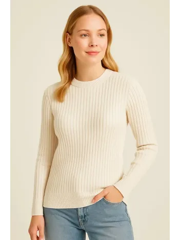 Kadın Bisiklet Yuvarlak Yaka Triko Kazak Pamuklu Kalın Fitilli Dokuma, Regular Fit Uzun Kollu Kışlık Model - Bej Kadın Bisiklet Yuvarlak Yaka Triko Kazak Pamuklu Kalın Fitilli Dokuma, Regular Fit Uzun Kollu Kışlık Model - Bej