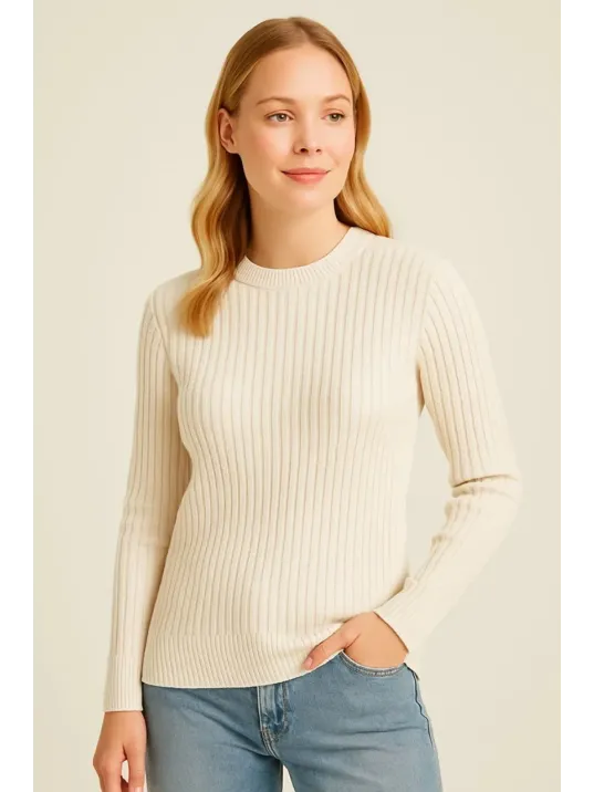 Kadın Bisiklet Yuvarlak Yaka Triko Kazak Pamuklu Kalın Fitilli Dokuma, Regular Fit Uzun Kollu Kışlık Model - Bej