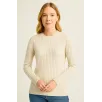 Kadın Bisiklet Yuvarlak Yaka Triko Kazak Pamuklu Kalın Fitilli Dokuma, Regular Fit Uzun Kollu Kışlık Model - Bej
