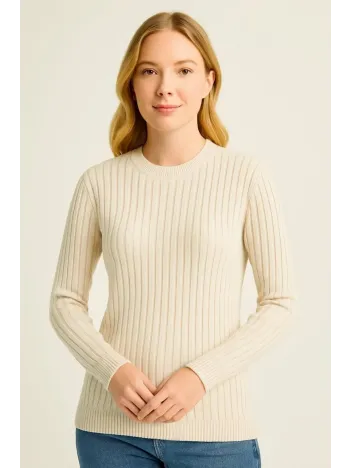 Kadın Bisiklet Yuvarlak Yaka Triko Kazak Pamuklu Kalın Fitilli Dokuma, Regular Fit Uzun Kollu Kışlık Model - Bej