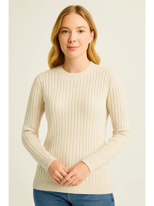 Kadın Bisiklet Yuvarlak Yaka Triko Kazak Pamuklu Kalın Fitilli Dokuma, Regular Fit Uzun Kollu Kışlık Model - Bej