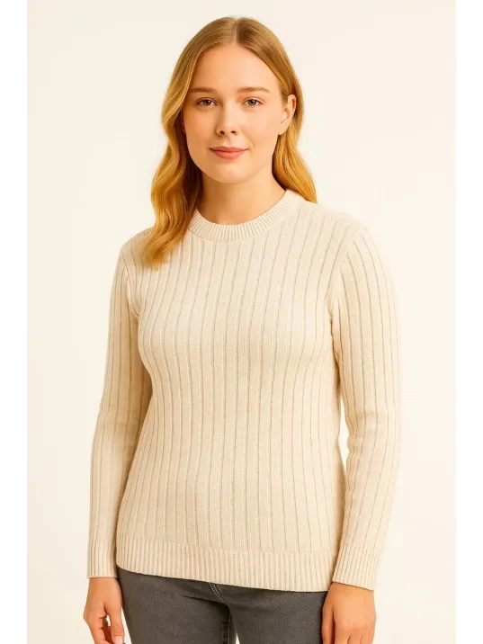 Kadın Bisiklet Yuvarlak Yaka Triko Kazak Pamuklu Kalın Fitilli Dokuma, Regular Fit Uzun Kollu Kışlık Model - Bej