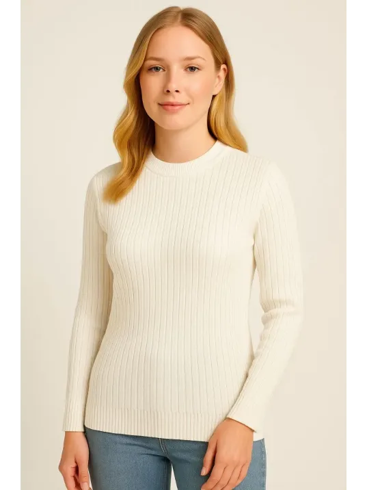 Kadın Bisiklet Yuvarlak Yaka Triko Kazak Pamuklu Kalın Fitilli Dokuma, Regular Fit Uzun Kollu Kışlık Model - Beyaz Kadın Bisiklet Yuvarlak Yaka Triko Kazak Pamuklu Kalın Fitilli Dokuma, Regular Fit Uzun Kollu Kışlık Model - Beyaz