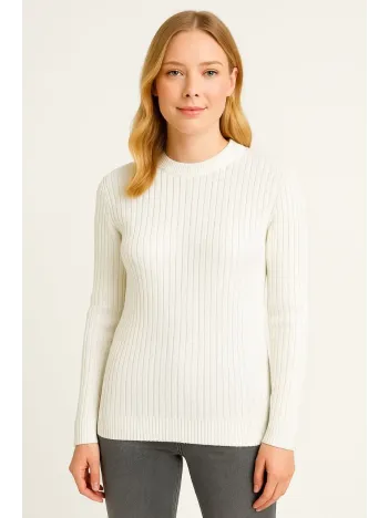 Kadın Bisiklet Yuvarlak Yaka Triko Kazak Pamuklu Kalın Fitilli Dokuma, Regular Fit Uzun Kollu Kışlık Model - Beyaz Kadın Bisiklet Yuvarlak Yaka Triko Kazak Pamuklu Kalın Fitilli Dokuma, Regular Fit Uzun Kollu Kışlık Model - Beyaz