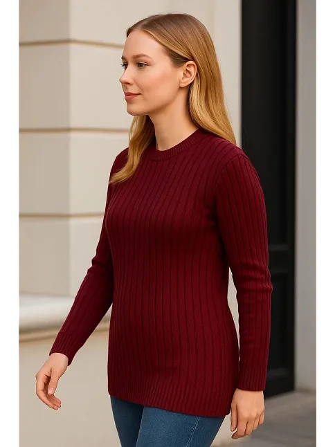 Kadın Bisiklet Yuvarlak Yaka Triko Kazak Pamuklu Kalın Fitilli Dokuma, Regular Fit Uzun Kollu Kışlık Model - Bordo