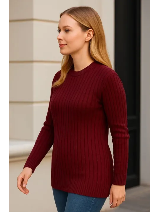 Kadın Bisiklet Yuvarlak Yaka Triko Kazak Pamuklu Kalın Fitilli Dokuma, Regular Fit Uzun Kollu Kışlık Model - Bordo Kadın Bisiklet Yuvarlak Yaka Triko Kazak Pamuklu Kalın Fitilli Dokuma, Regular Fit Uzun Kollu Kışlık Model - Bordo